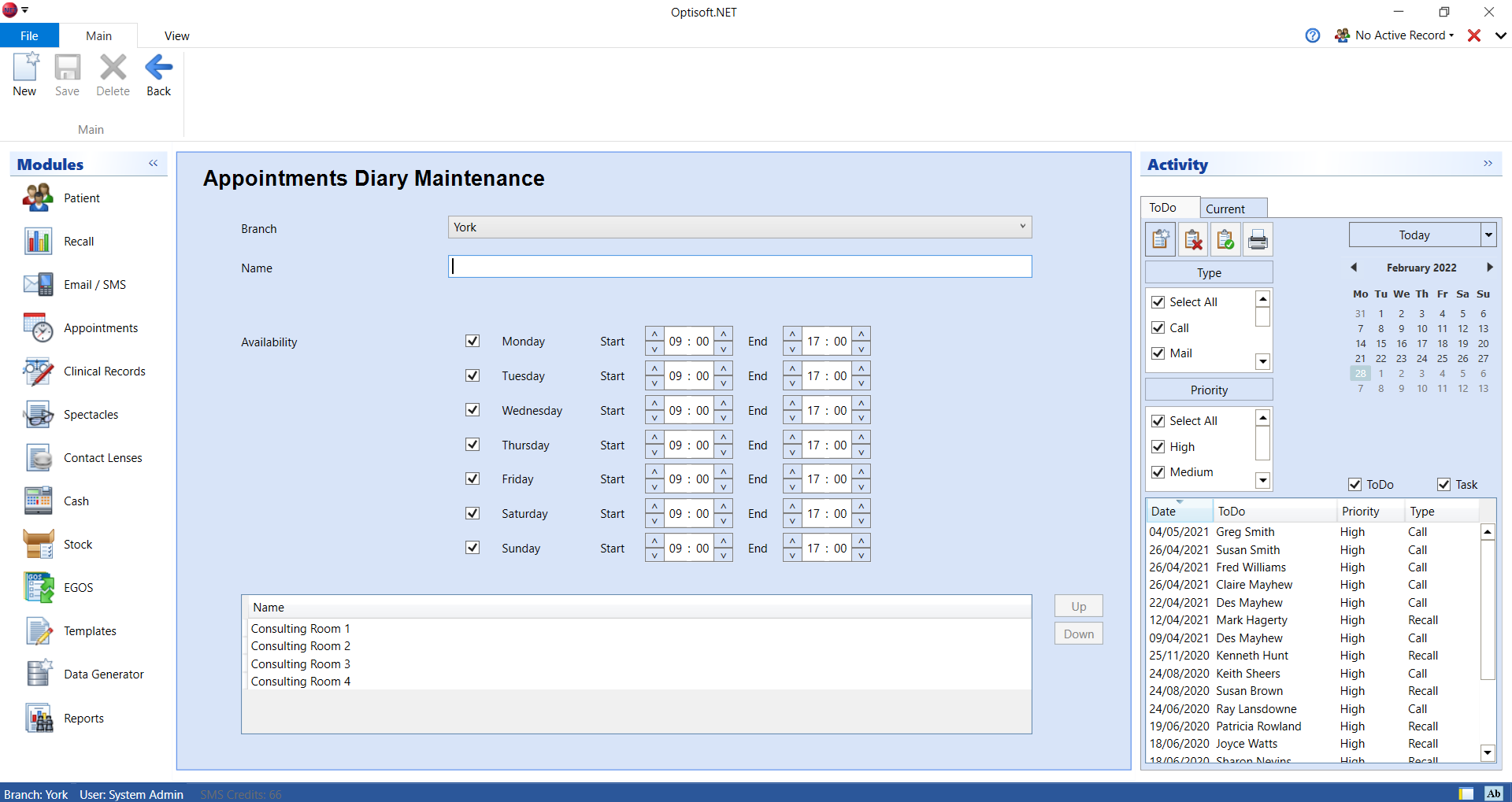 Appointment Diary Maintenance