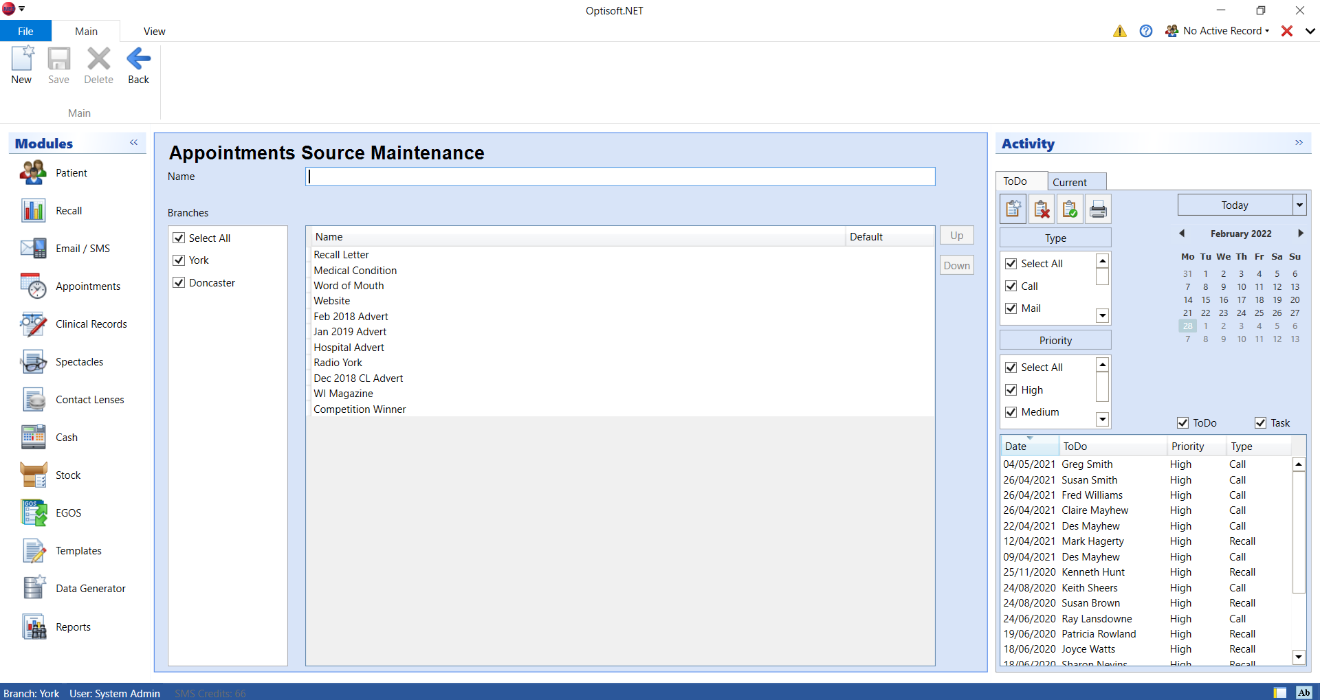 Appointment Source Maintenance