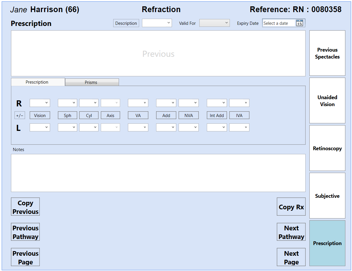 Clinical Records Spectacles Rx Page